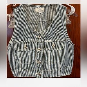 Vintage Y2K blue white striped Guess denim vest with buckle detail